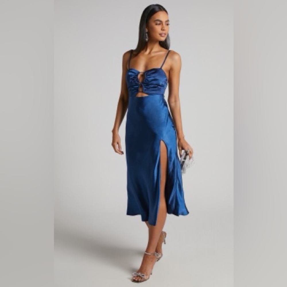 Showpo Blue Satin Midi Dress with Spaghetti Straps